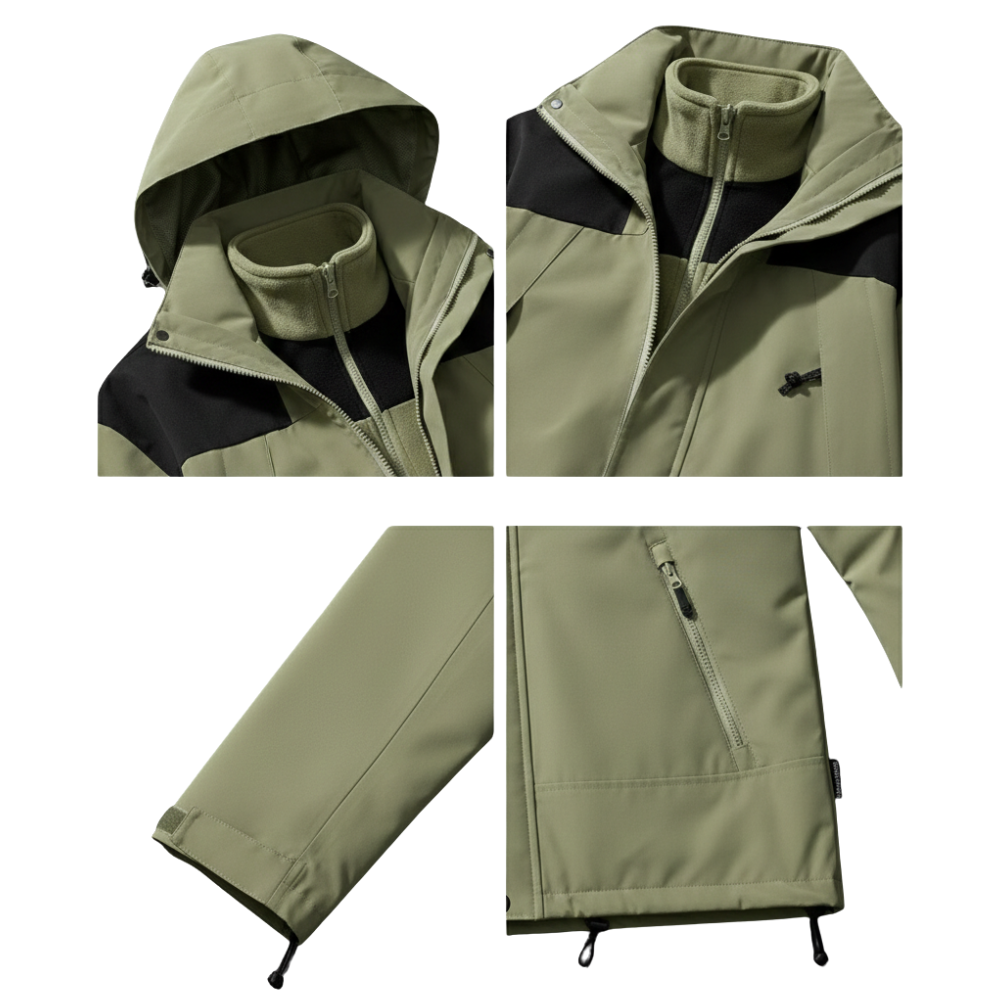 Cztery zdjęcia zbliżeniowe kurtki Arkadya Outlet Kurtka Zimowa Męska Kapturowa Modułowa Odzież Regularny Krój w kolorze zielonym khaki z czarnymi akcentami, z kapturem, zamkiem błyskawicznym z przodu, regulowanymi mankietami i bocznymi kieszeniami na białym tle.