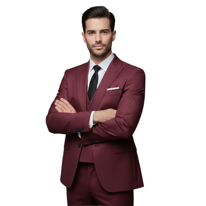 Mężczyzna w kurtce Arkadya Outlet Garnitur Trzyczęściowy Męski Marynarka Kamizelka i Spodnie, w białej koszuli i czarnym krawacie, stoi pewnie ze skrzyżowanymi ramionami na białym tle.