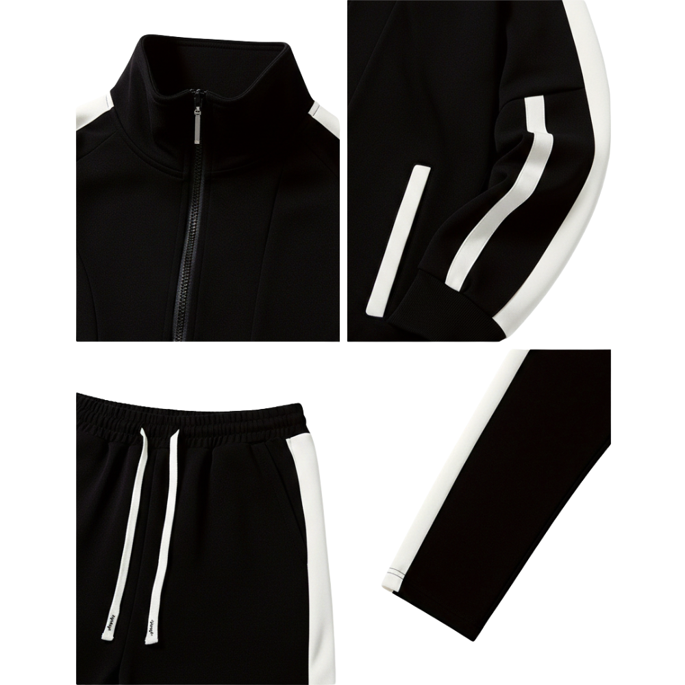 Cztery zbliżenia modelu Arkadya Outlet Komplet dresowy męski dwuczęściowy: kołnierz kurtki z zamkiem błyskawicznym, rękaw w paski, spodnie ze sznurkami i paskiem oraz dolny rękaw z białym akcentem.
