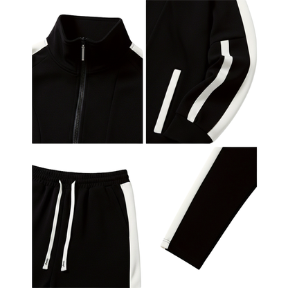 Cztery zbliżenia modelu Arkadya Outlet Komplet dresowy męski dwuczęściowy: kołnierz kurtki z zamkiem błyskawicznym, rękaw w paski, spodnie ze sznurkami i paskiem oraz dolny rękaw z białym akcentem.