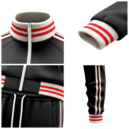 Kolaż przedstawia Komplet dresowy męski dwuczęściowy zestaw do codziennego użytku marki Arkadya Outlet: czarną bluzę dresową i spodnie z białymi suwakami, mankietami i kołnierzem w czerwono-białe paski oraz białymi ściągaczami.