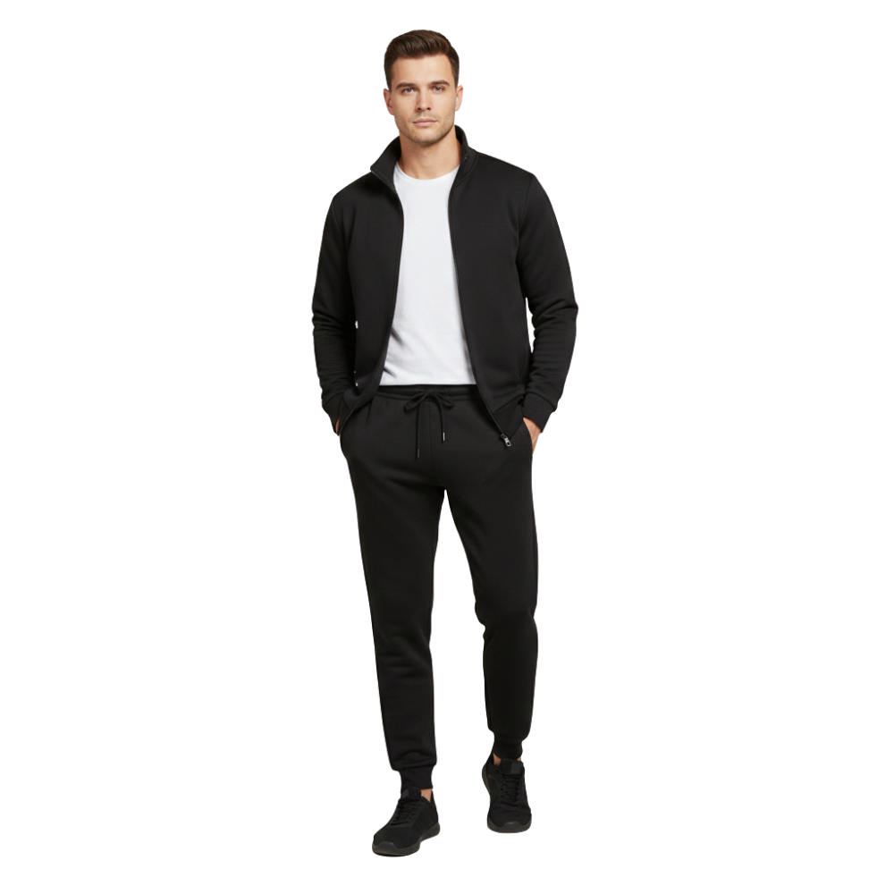 Mężczyzna modeluje Arkadya Outlet Komplet dresowy męski dwuczęściowy zestaw z bluzą i spodniami-idealny do codziennego użytku-na białym tle, ubrany w czarną bluzę, białą koszulkę, czarne spodnie i sneakersy.