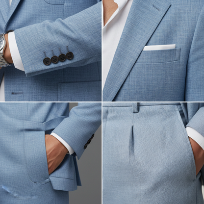 Kolaż czterech zbliżeń Komplet Dwuczęściowy Męski Spodnie Robocze I Górna Część firmy Arkadya Outlet: rękaw z czarnymi guzikami, kieszeń na piersi z białą chusteczką, ręka w kieszeni spodni i plisowane spodnie robocze na białej koszuli.