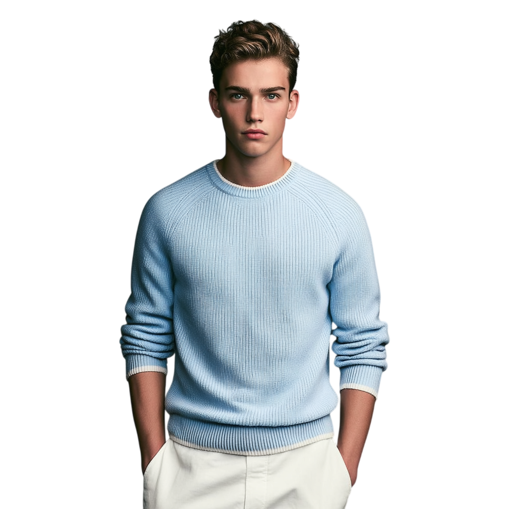 Młody mężczyzna z krótkimi brązowymi włosami modeluje Arkadya Outlet Sweter męski dekolt okrągły prążkowana dzianina standardowy krój z białymi spodniami, stojąc na jednolitym białym tle, ręce w kieszeniach.