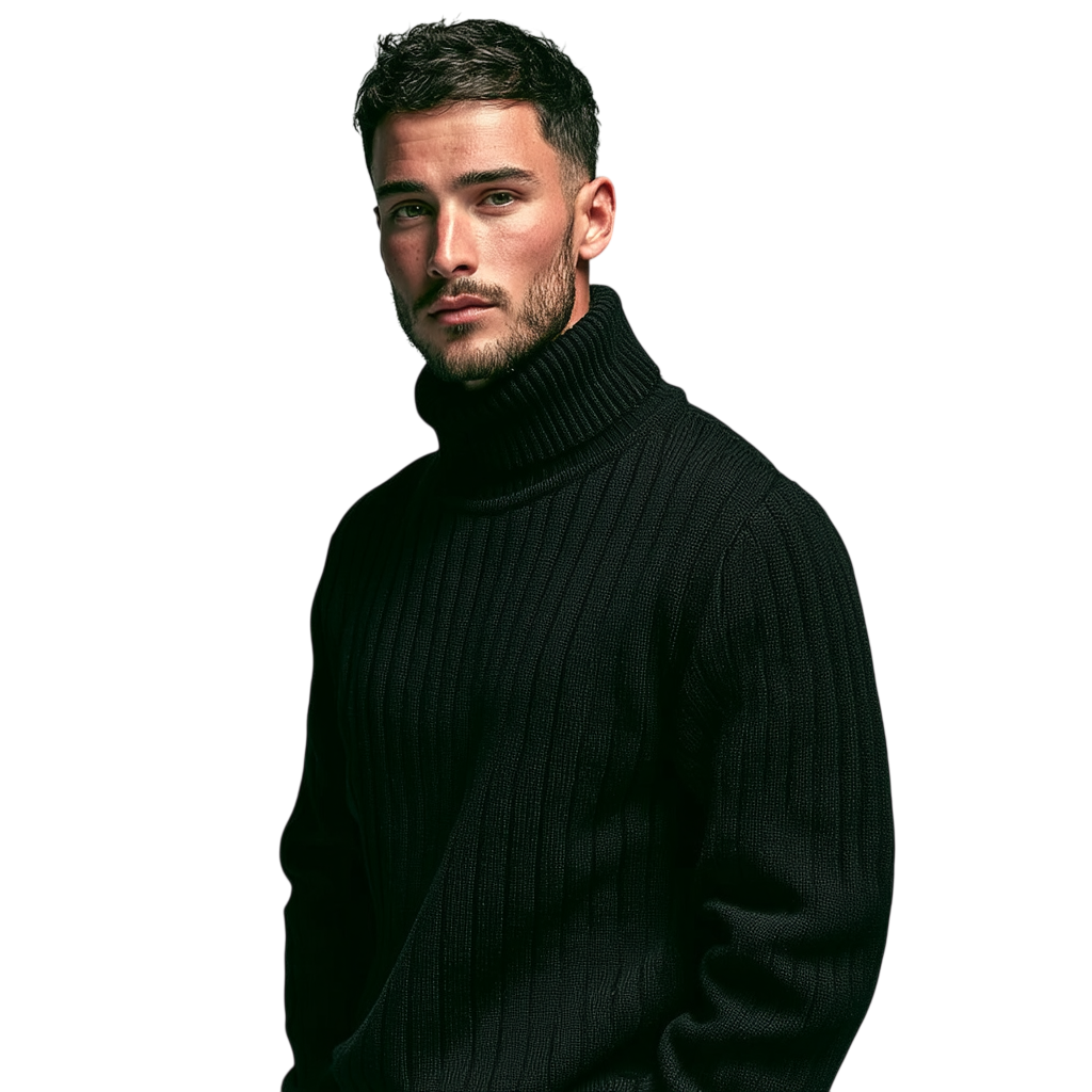 Mężczyzna z krótkimi ciemnymi włosami, przystrzyżoną brodą i wąsami nosi golf męski długi rękaw sweter dzianinowy z Outletu Arkadya, stojąc na prostym jasnym tle i patrząc pewnie w kamerę.