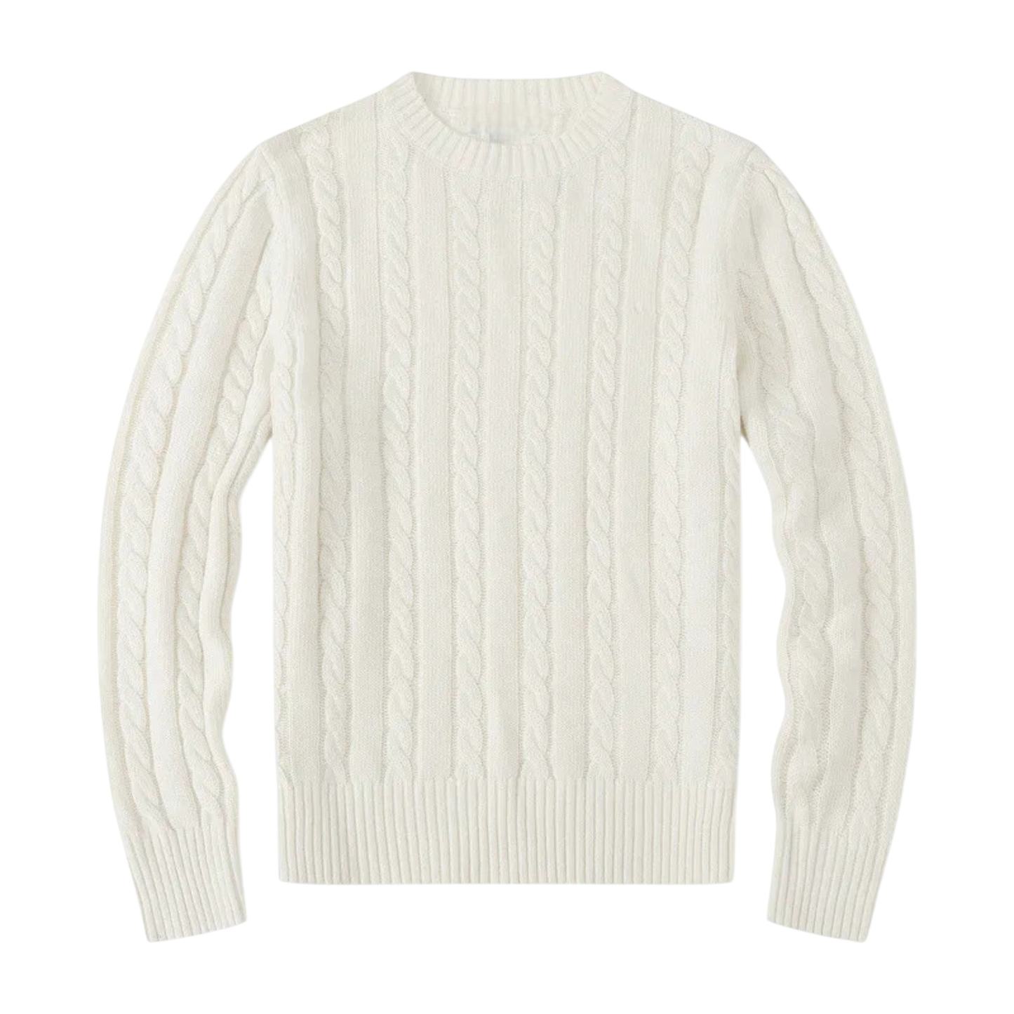 Arkadya Outlet Sweter męski dzianinowy dekolt okrągły długi rękaw regularny krój ma biały, dzianinowy wzór z prążkowanymi mankietami i dołem, ułożony płasko na białym tle.