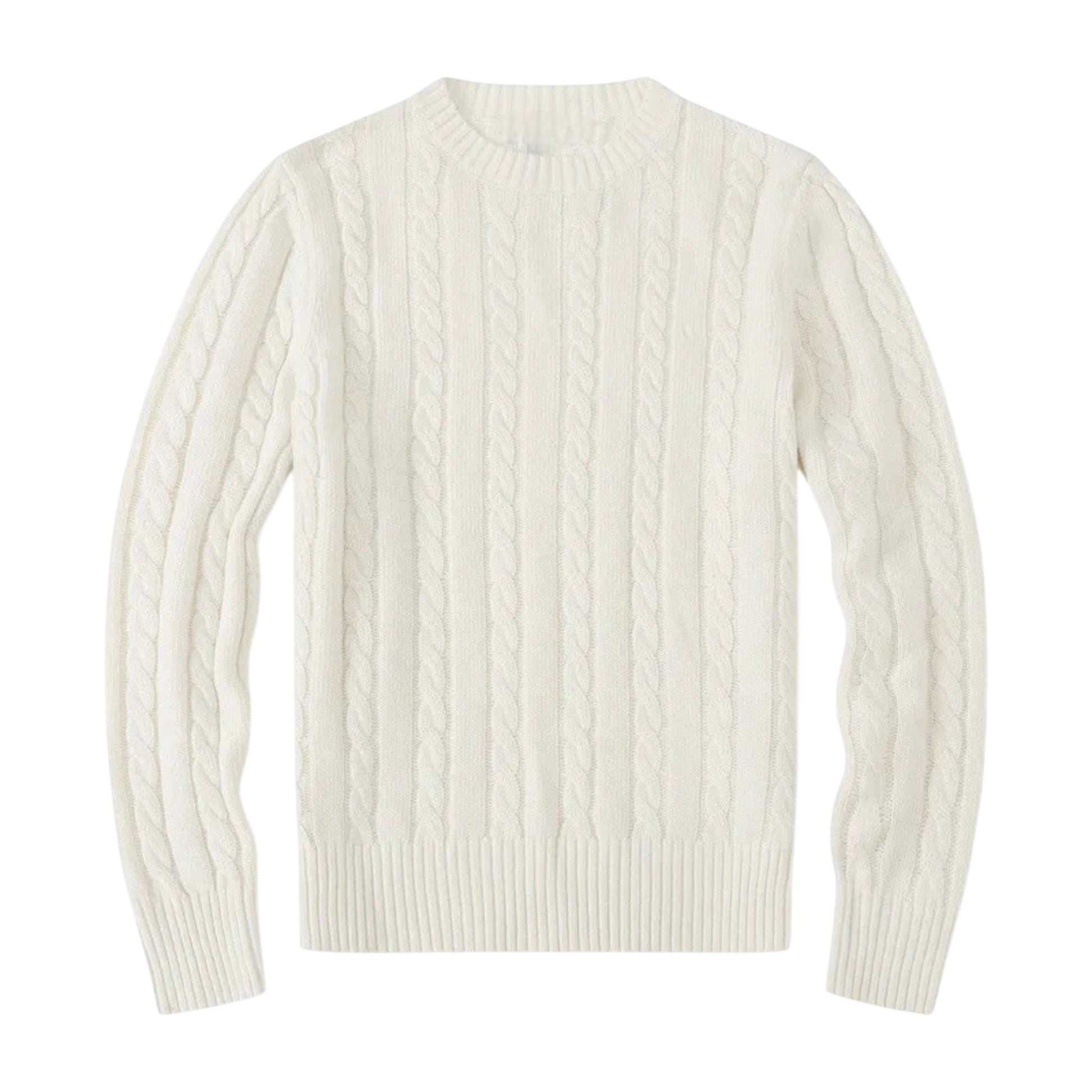 Arkadya Outlet Sweter męski dzianinowy dekolt okrągły długi rękaw regularny krój ma biały, dzianinowy wzór z prążkowanymi mankietami i dołem, ułożony płasko na białym tle.