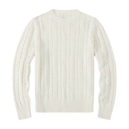 Arkadya Outlet Sweter męski dzianinowy dekolt okrągły długi rękaw regularny krój ma biały, dzianinowy wzór z prążkowanymi mankietami i dołem, ułożony płasko na białym tle.