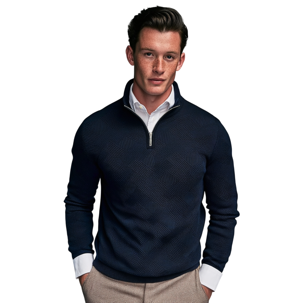Męski sweter z dzianiny w kolorze granatowym, z kołnierzem i zamkiem 1/4, długi rękaw, elegancki wzór strukturalny