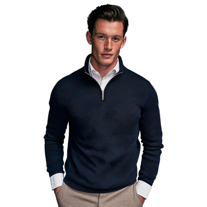Męski sweter z dzianiny w kolorze granatowym, z kołnierzem i zamkiem 1/4, długi rękaw, elegancki wzór strukturalny