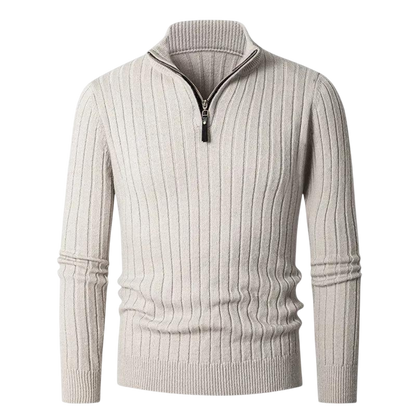 Sweter męski Arkadya Outlet ma jasnoszary, wąski krój z długimi rękawami, stójką i zamkiem błyskawicznym z przodu, przedstawiony na gładkim białym tle.