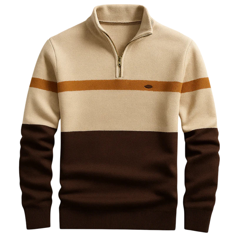 Sweter Arkadya Outlet Męski to beżowy, brązowy i brązowy sweter zapinany na zamek błyskawiczny z bursztynowym paskiem na piersi i małym haftowanym logo po lewej stronie, pokazany na płasko na neutralnym tle.