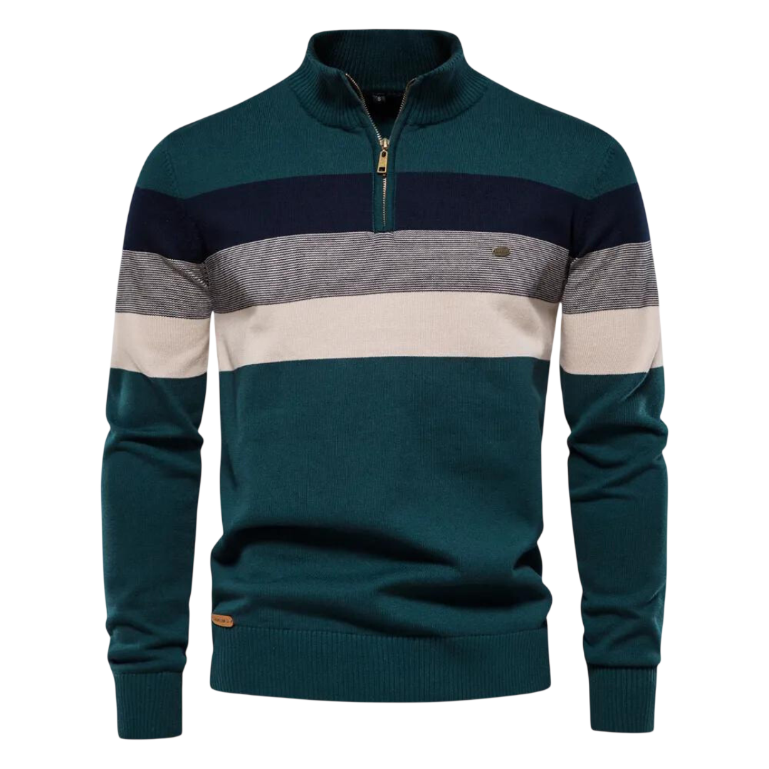 Zielony męski sweter dzianinowy z zamkiem 1/4 i stójką, poziome paski w kolorze granatowym, szarym i kremowym