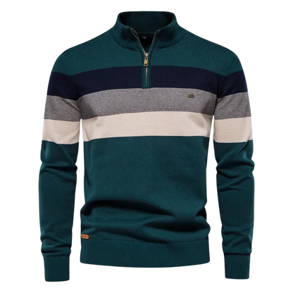Zielony męski sweter dzianinowy z zamkiem 1/4 i stójką, poziome paski w kolorze granatowym, szarym i kremowym