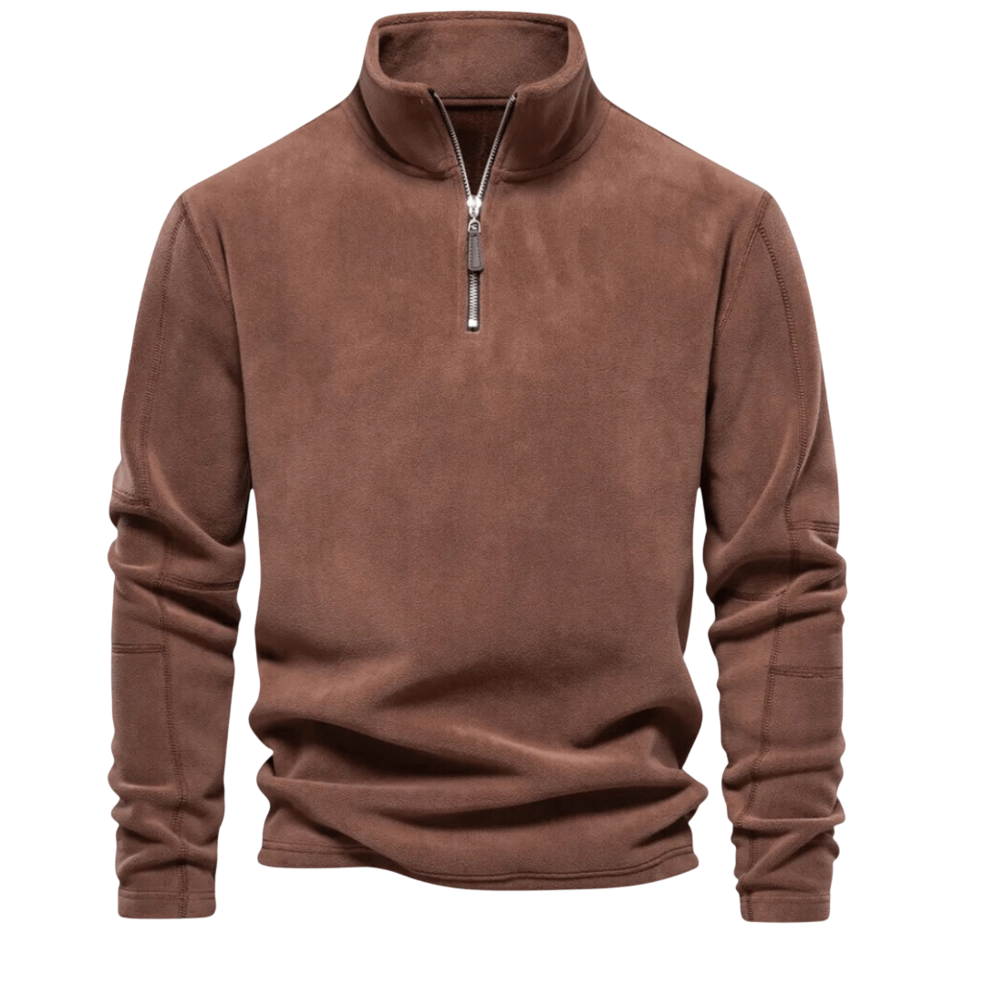 Brązowy męski sweter z miękkiego polaru, zamek 1/4 i stójka, długi rękaw, ciepły i komfortowy fason