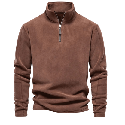 Brązowy męski sweter z miękkiego polaru, zamek 1/4 i stójka, długi rękaw, ciepły i komfortowy fason