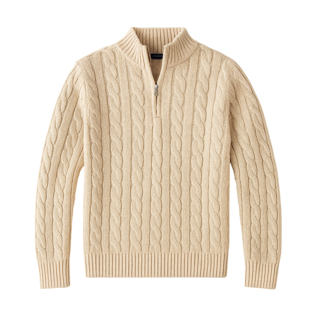 Beżowy męski sweter dzianinowy o splocie warkoczowym, stójka zapinana na zamek 1/4, długi rękaw