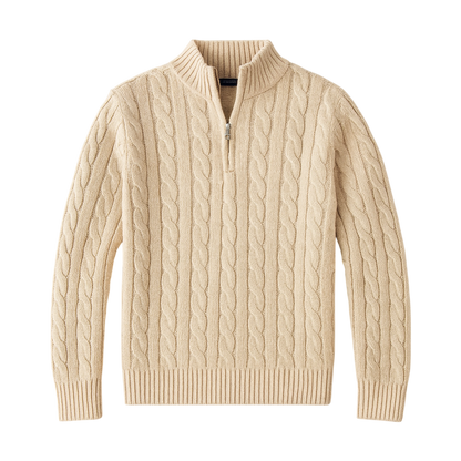 Beżowy męski sweter dzianinowy o splocie warkoczowym, stójka zapinana na zamek 1/4, długi rękaw