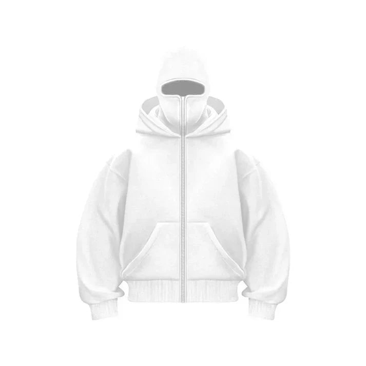 Męska bluza Top Z Kapturem od Arkadya Outlet w białym kolorze, zintegrowaną ochroną twarzy, luźnym krojem, kieszeniami z przodu i ściągaczami na mankietach oraz dole - idealna na chłodne dni.