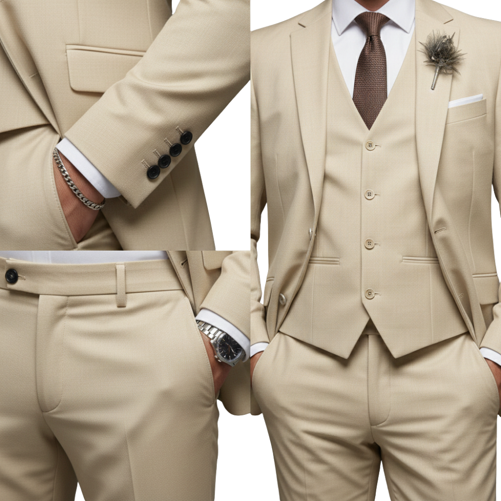 Beżowy męski garnitur 3-częściowy z kamizelką; elegancki komplet, widok z przodu.