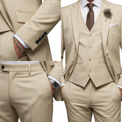 Beżowy męski garnitur 3-częściowy z kamizelką; elegancki komplet, widok z przodu.