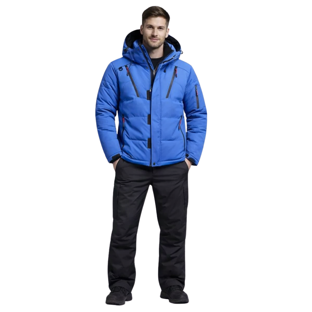Męski zestaw narciarski: kurtka z kapturem i spodnie, kolor niebieski; dwuczęściowy komplet.