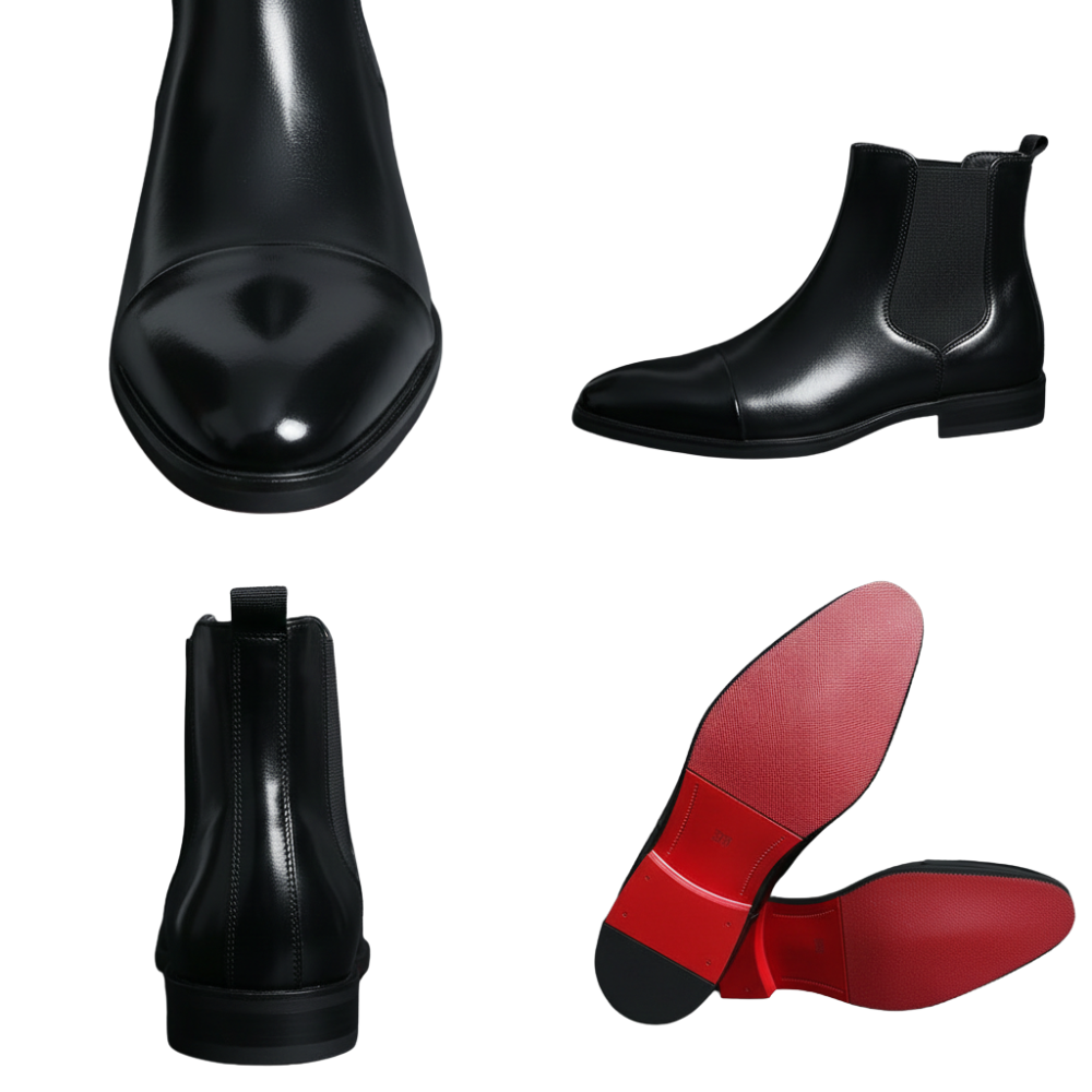 Arkadya Outlet Botki Chelsea Męskie Antypoślizgowa Zamknięta Konstrukcja jest pokazana w błyszczącej czerni z przodu, z boku, z tyłu i z widoku podeszwy. Podeszwa wyróżnia się efektownymi czerwonymi i czarnymi detalami oraz antypoślizgowym wykończeniem zapewniającym przyczepność.