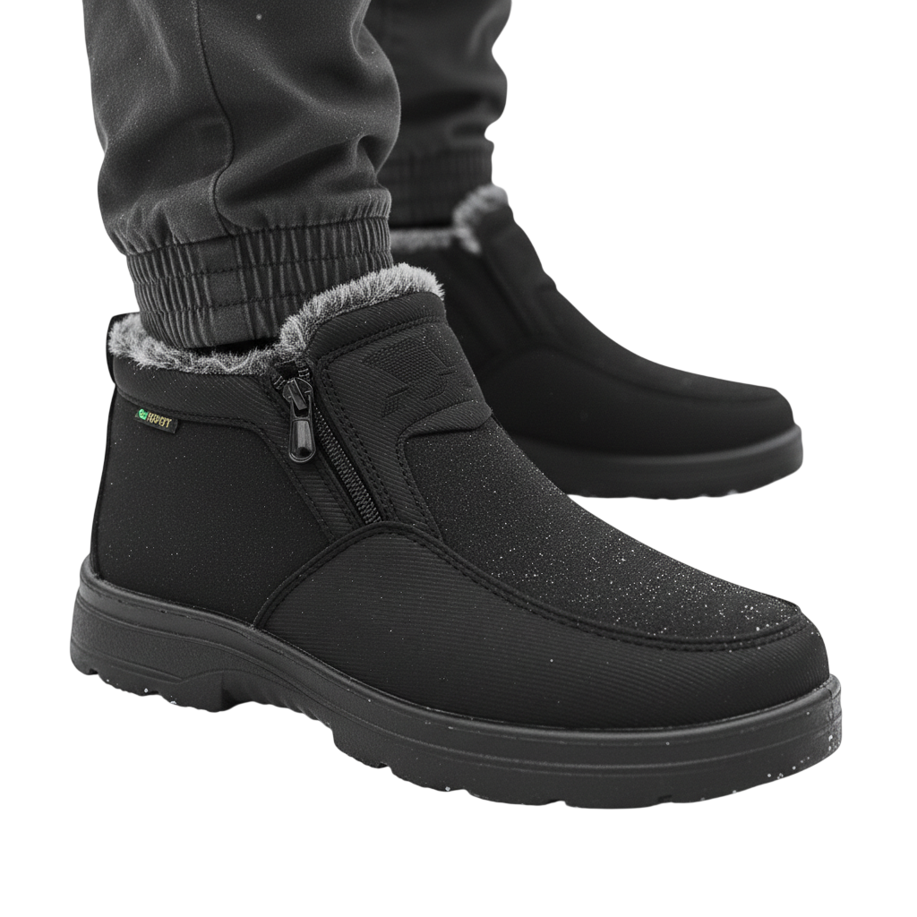 Osoba w ciemnych spodniach stoi na zaśnieżonej ziemi w Arkadya Outlet Męskie buty wodoodporne antypoślizgowe zimowe obuwie z zamkami błyskawicznymi i rozmytą podszewką, ich czarne buty są przykurzone płatkami śniegu.