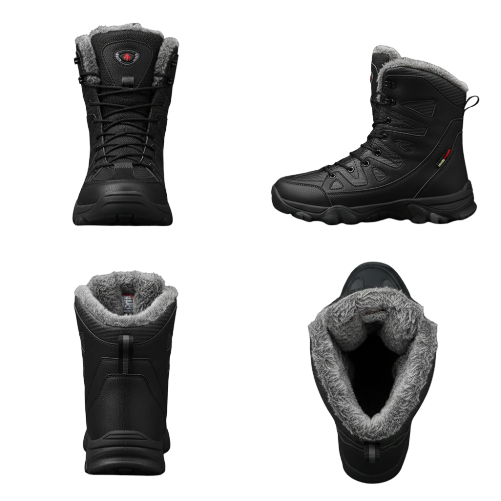 Męskie buty zimowe wodoodporne ocieplane obuwie Arkadya Outlet, pokazane z przodu, z boku, z tyłu i na górze, mają czarny kolor z szarą podszewką ze sztucznego futra, sznurowadła, chropowatą podeszwę, czerwono-zielone akcenty z boku i doskonałą izolację.