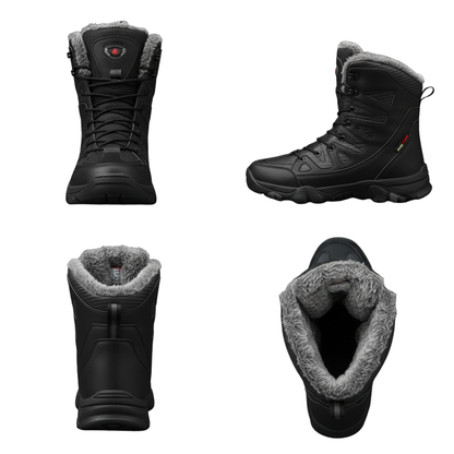 Męskie buty zimowe wodoodporne ocieplane obuwie Arkadya Outlet, pokazane z przodu, z boku, z tyłu i na górze, mają czarny kolor z szarą podszewką ze sztucznego futra, sznurowadła, chropowatą podeszwę, czerwono-zielone akcenty z boku i doskonałą izolację.
