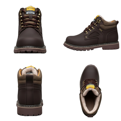 Cztery widoki na Arkadya Outlet Męskie buty zimowe wodoodporne ocieplane: przód, bok, tył i góra. Te buty mają metalowe oczka, brązowe sznurowadła, wyściełany kołnierz i żółtą etykietę SPORT, która zapewnia styl i ciepło.