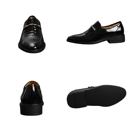 Cztery widoki butów Arkadya Outlet Mokasyny Wizytowe Męskie Wsuwany Szpiczasty Nosek z błyszczącej czarnej skóry z metalicznymi detalami: przód, prawa strona, tył i spód. Niski obcas i elegancki, dopracowany wygląd.