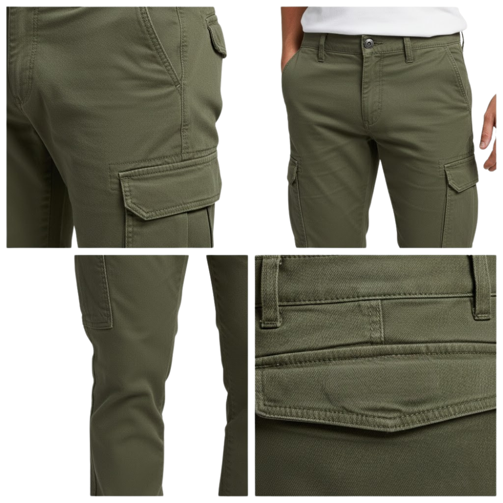 Kolaż czterech zbliżeń przedstawia Spodnie cargo męskie luźny krój z kieszeniami na dzień codzienny Arkadya Outlet w kolorze oliwkowym, ukazując przód, boczną kieszeń cargo, tylną kieszeń, szwy i częściowo widocznego modela.