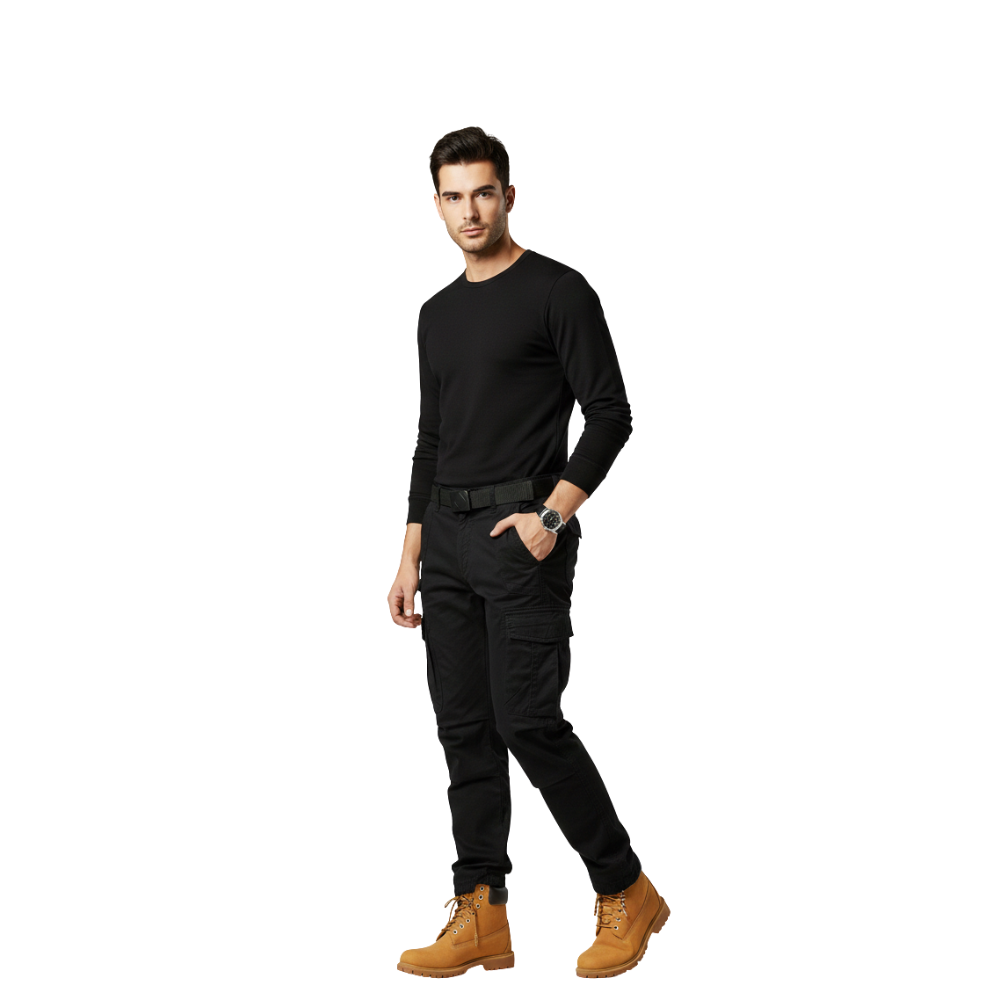 Mężczyzna o ciemnych włosach, ubrany w czarną koszulę z długim rękawem, Arkadya Outlet Spodnie cargo męskie taktyczne wielokieszeniowa konstrukcja i brązowe buty robocze stoi pewnie na białym tle.