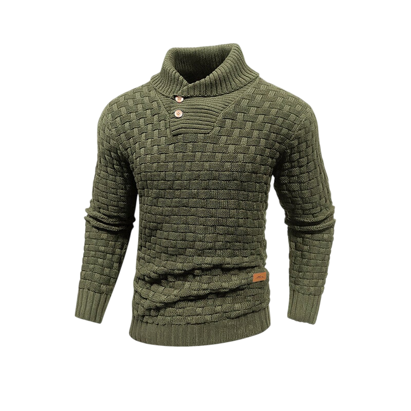Męska teksturowana powierzchnia Arkadya Outlet Sweter w kolorze oliwkowej zieleni z długimi rękawami, wzorem w koszyki i wysokim prążkowanym kołnierzem z dwoma guzikami - regular fit na zimę - pokazana na gładkim jasnoszarym tle.
