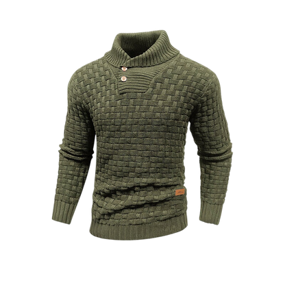 Męska teksturowana powierzchnia Arkadya Outlet Sweter w kolorze oliwkowej zieleni z długimi rękawami, wzorem w koszyki i wysokim prążkowanym kołnierzem z dwoma guzikami - regular fit na zimę - pokazana na gładkim jasnoszarym tle.