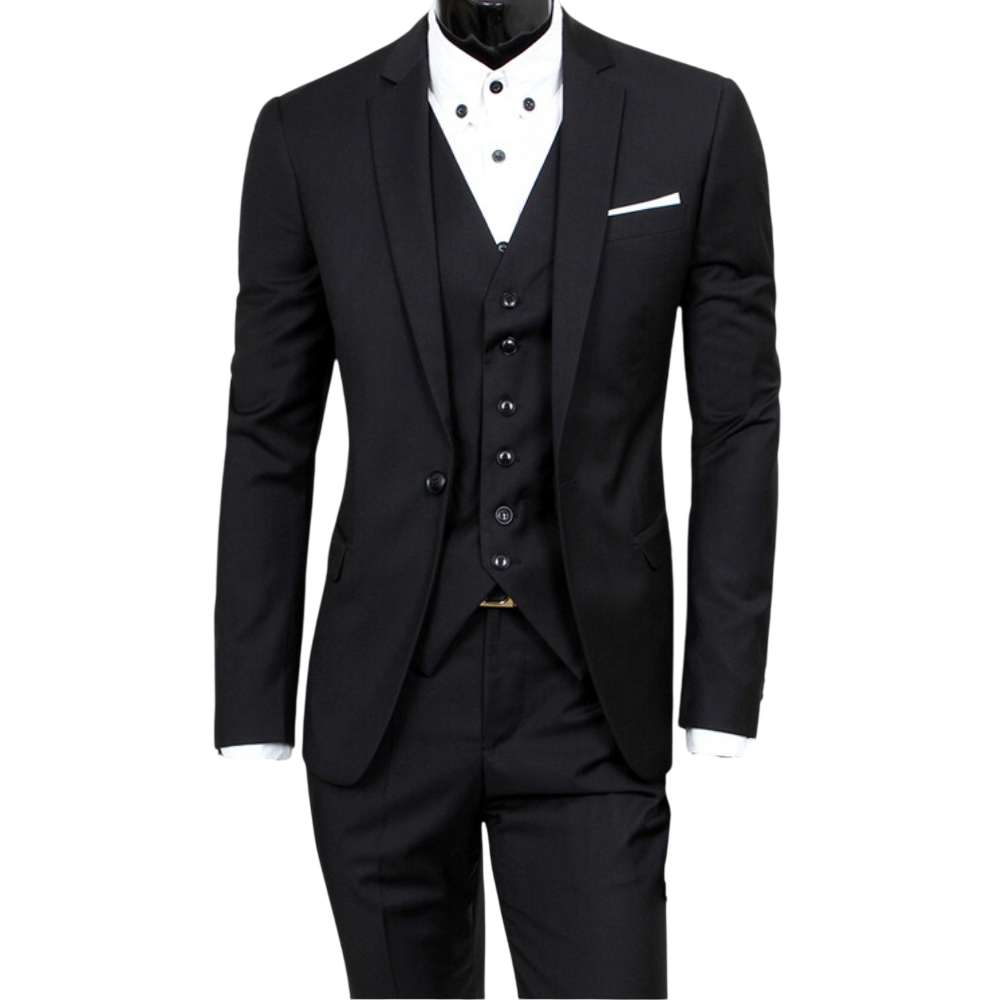 Garnitur trzyczęściowy męski Arkadya Outlet z dwurzędowym zapięciem i kieszeniami, prezentowany na manekinie z białą koszulą oraz poszetką - doskonały wybór na wyjątkowe okazje.