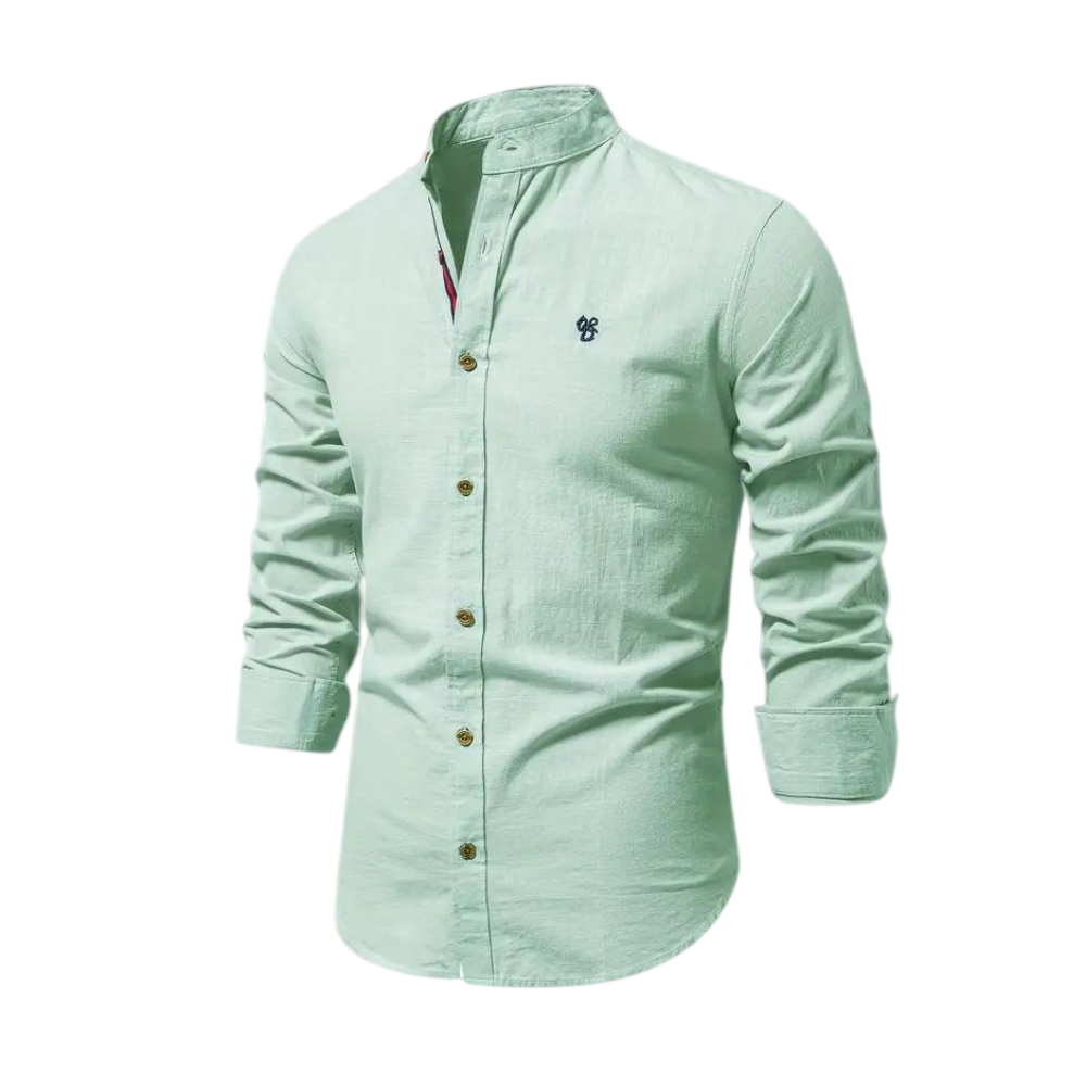 Arkadya Outlet Koszula męska kołnierz stójka długi rękaw ma regularny krój i jasnozielony kolor, z zapięciem na guziki z przodu i logo na piersi - idealna jako koszula do codziennego użytku.