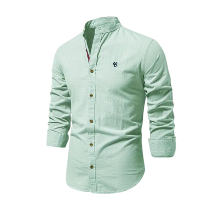 Arkadya Outlet Koszula męska kołnierz stójka długi rękaw ma regularny krój i jasnozielony kolor, z zapięciem na guziki z przodu i logo na piersi - idealna jako koszula do codziennego użytku.
