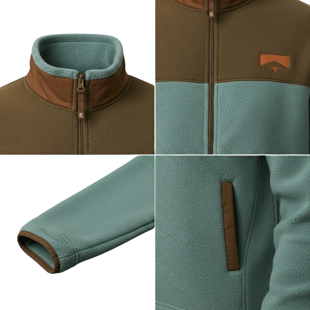 Kolaż przedstawia szczegóły kurtki Arkadya Outlet Kurtka Męska Prosty Krój Lekka Odzież Wierzchnia z długim rękawem: wysoki kołnierz, zamek błyskawiczny z przodu, haftowana naszywka, kieszeń zapinana na zamek i teksturowane rękawy w kolorze turkusowym i oliwkowym.