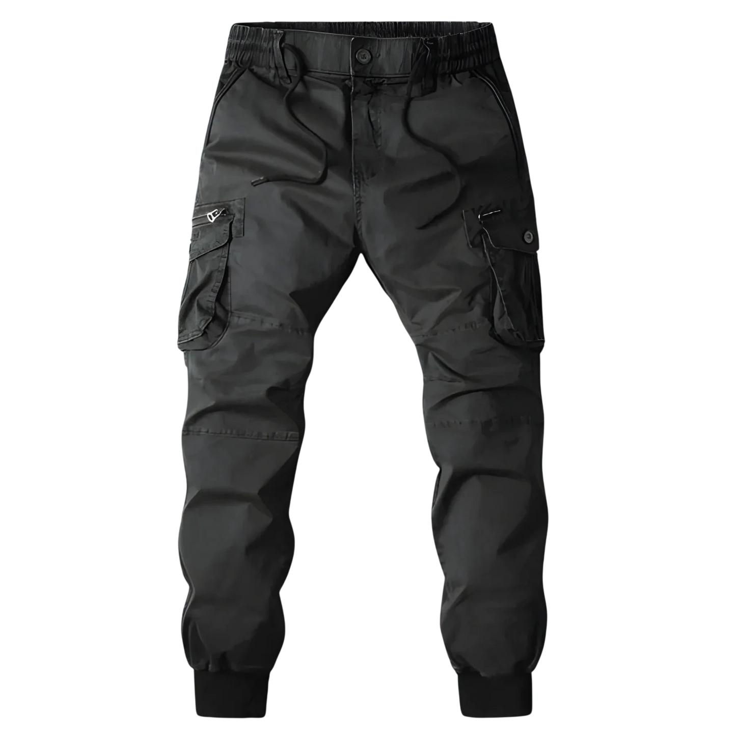 Arkadya Outlet Spodnie Cargo Męskie Kieszenie Na Zamek Pas Elastyczny z wieloma kieszeniami i elastycznymi mankietami, pokazane na tle rozmytego miejskiego krajobrazu.