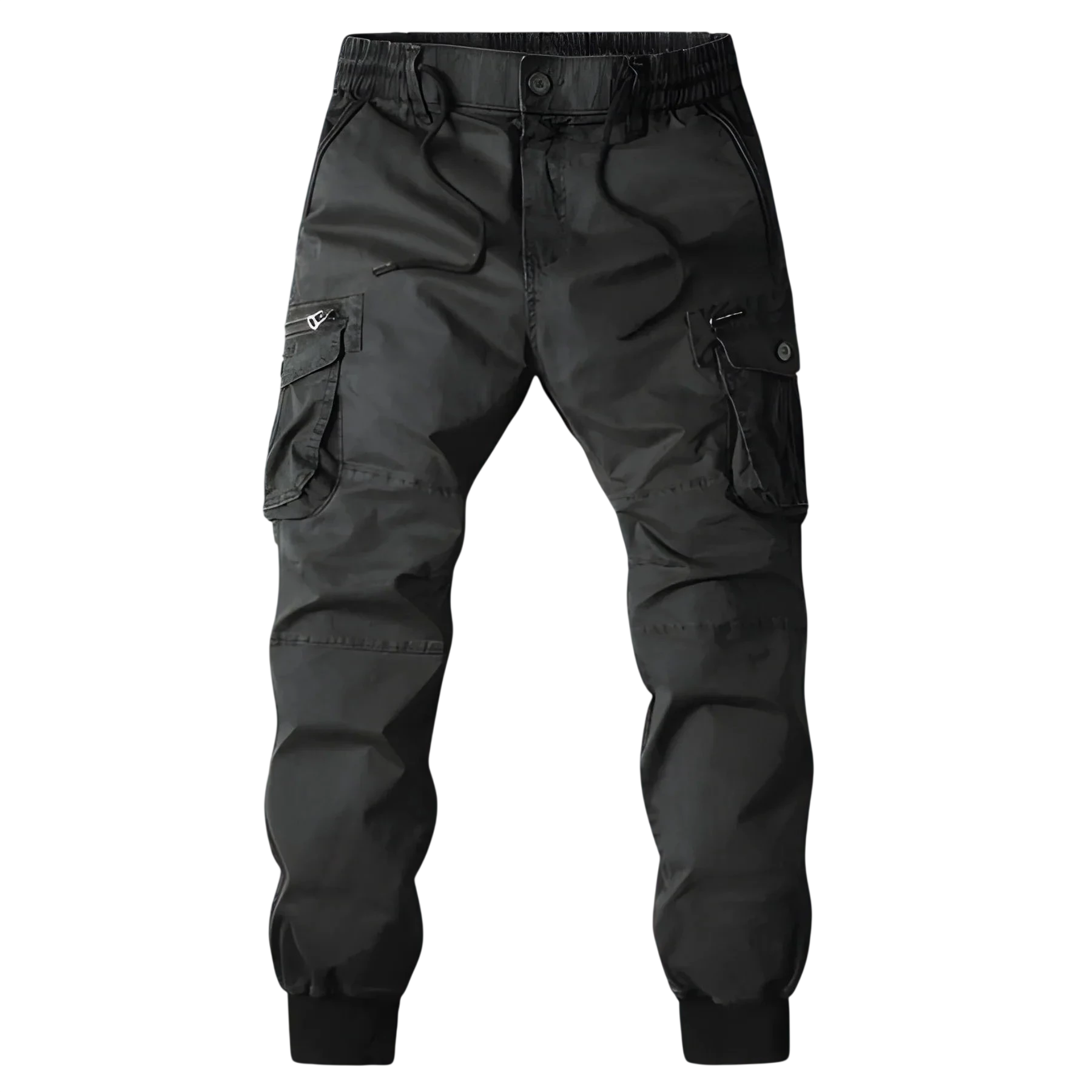 Arkadya Outlet Spodnie Cargo Męskie Kieszenie Na Zamek Pas Elastyczny z wieloma kieszeniami i elastycznymi mankietami, pokazane na tle rozmytego miejskiego krajobrazu.