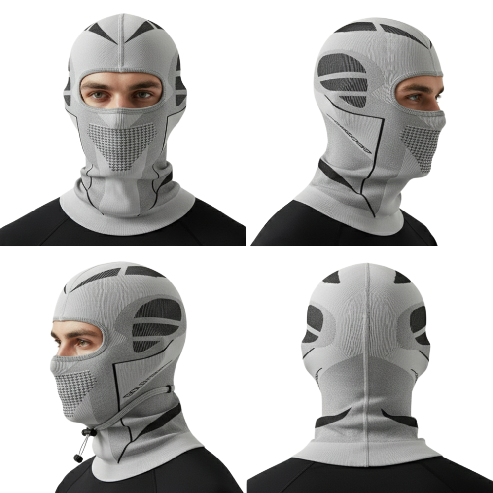 Cztery widoki osoby noszącej Arkadya Outlet Kominiarka męska osłona głowy i szyi do użytku zewnętrznego, z geometrycznymi wzorami i zakrywająca głowę i szyję z odsłoniętymi tylko oczami i częścią nosa.