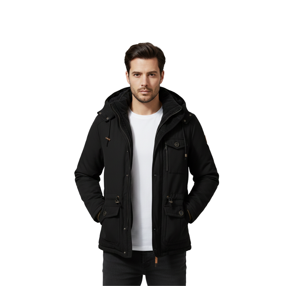 Mężczyzna o krótkich ciemnych włosach, ubrany w białą koszulkę i kurtkę męską Arkadya Outlet Kurtka Bomberka Męska Zimowa z wieloma kieszeniami, stoi przodem do prostego białego tła.