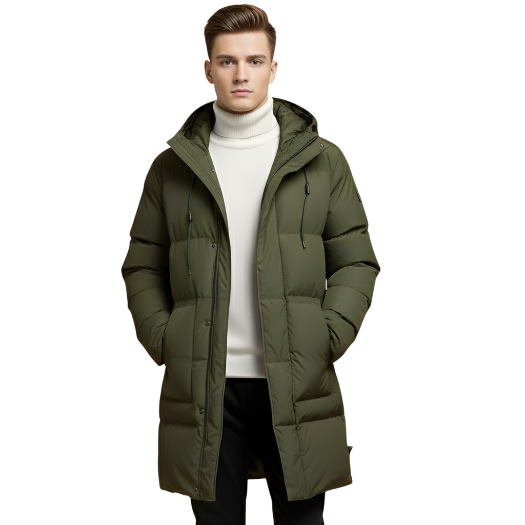 Młody mężczyzna ma na sobie oliwkowozieloną kurtkę Arkadya Outlet Kurtka Parka Męska Długa Pikowana z Kapturem Zimowa Ochronna, biały golf, czarne spodnie i oliwkowozielone trampki, gdy idzie z rękami w kieszeniach płaszcza na białym tle.