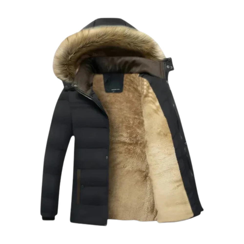 Arkadya Outlet Kurtka parka męska ocieplona zimowa z kapturem to czarna męska parka z kapturem, pluszową jasnobrązową futrzaną podszewką i futrzanym wykończeniem na kapturze, pokazana na białym tle.