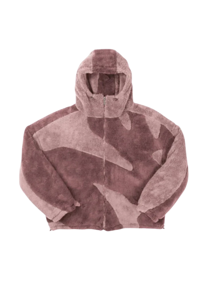 Arkadya Outlet Kurtka Z Kapturem Męska Luźny Krój Z Zamkiem Regulowana Dołem ma fioletowy i jasnoróżowy wzór inspirowany kamuflażem, zamek błyskawiczny z przodu i luźny krój - idealny jako stylowa kurtka na co dzień.