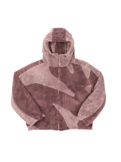 Arkadya Outlet Kurtka Z Kapturem Męska Luźny Krój Z Zamkiem Regulowana Dołem ma fioletowy i jasnoróżowy wzór inspirowany kamuflażem, zamek błyskawiczny z przodu i luźny krój - idealny jako stylowa kurtka na co dzień.