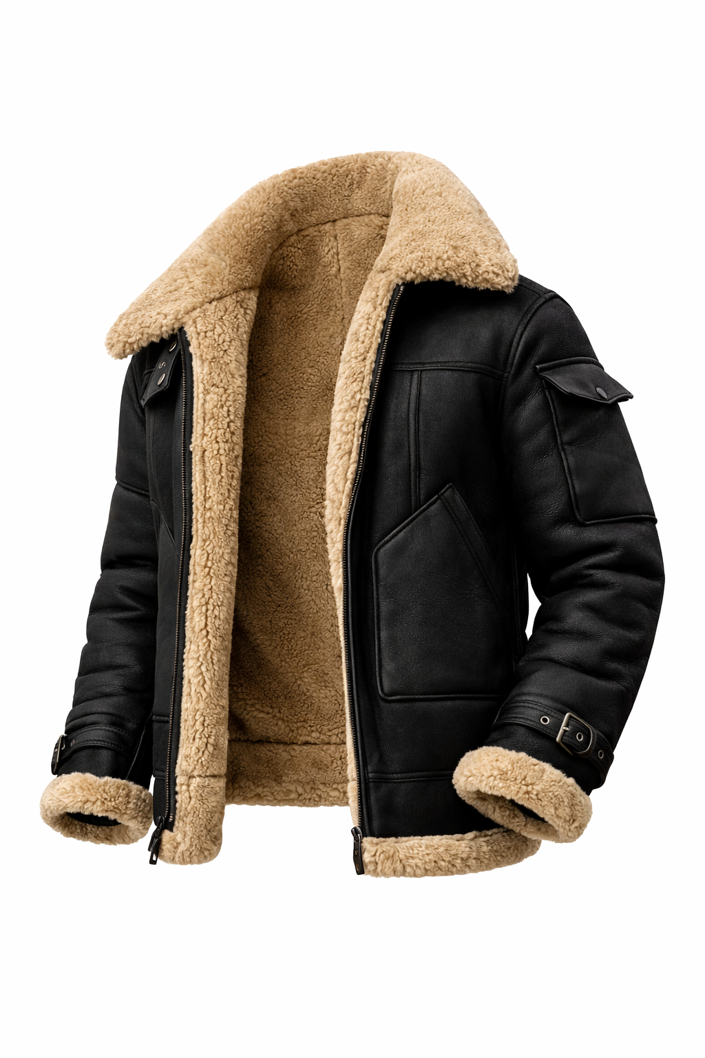 Zimowa Kurtka Lotnicza Męska Wysoki Kołnierz Wykonanie by Arkadya Outlet to czarna skórzana kurtka z dużym kołnierzem, mankietami i podszewką, zapinana z przodu na zamek błyskawiczny, z bocznymi kieszeniami, klapą na ramieniu i regulowanymi klamrami.