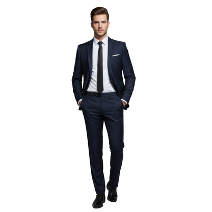 Mężczyzna w kurtce Arkadya Outlet Garnitur Męski Dwuczęściowy Marynarka i Spodnie, białej koszuli i czarnym krawacie idzie pewnie z rękami w kieszeniach na białym tle.